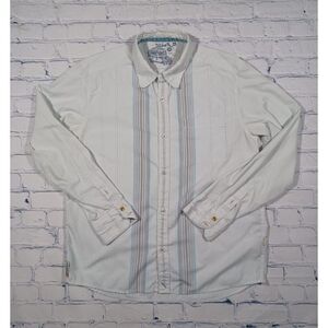 Quicksilver Shirt Mens Medium White‎ Blue Striped Long Sleeve Button